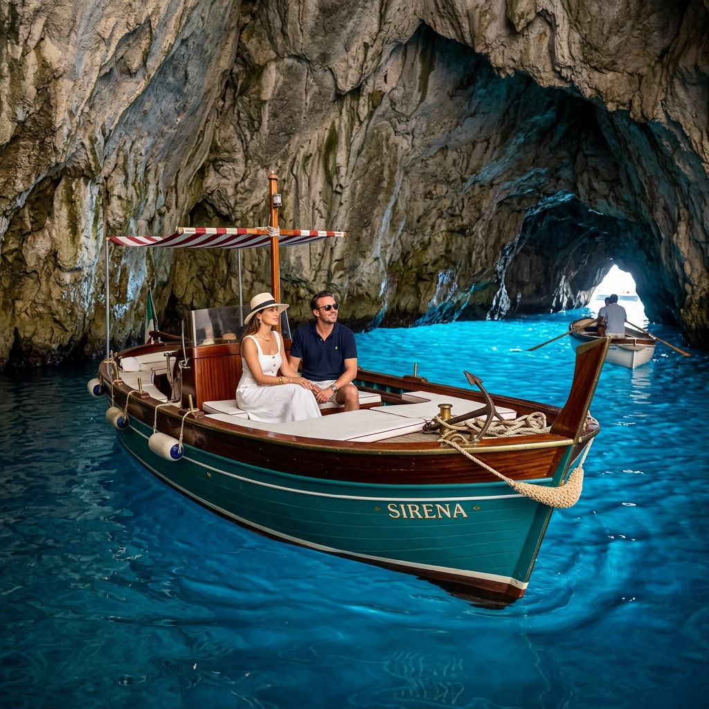 A classic wooden Italian gozzo boat floating in Capri's emerald waters