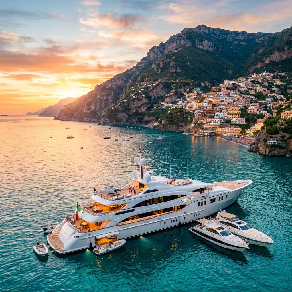 A luxury superyacht at anchor off the Amalfi Coast at golden hour sunset