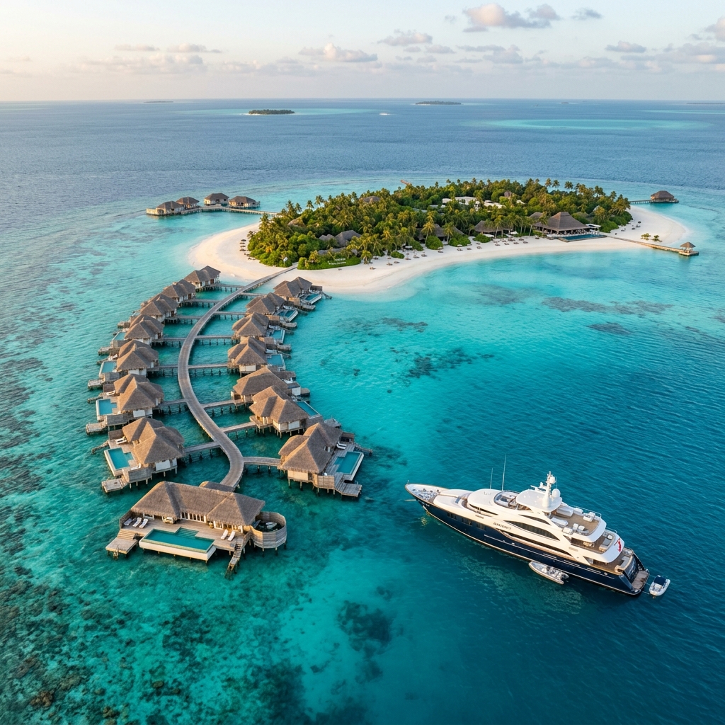 Maldives-style aerial view of a private tropical island showing turquoise cays and luxury estates