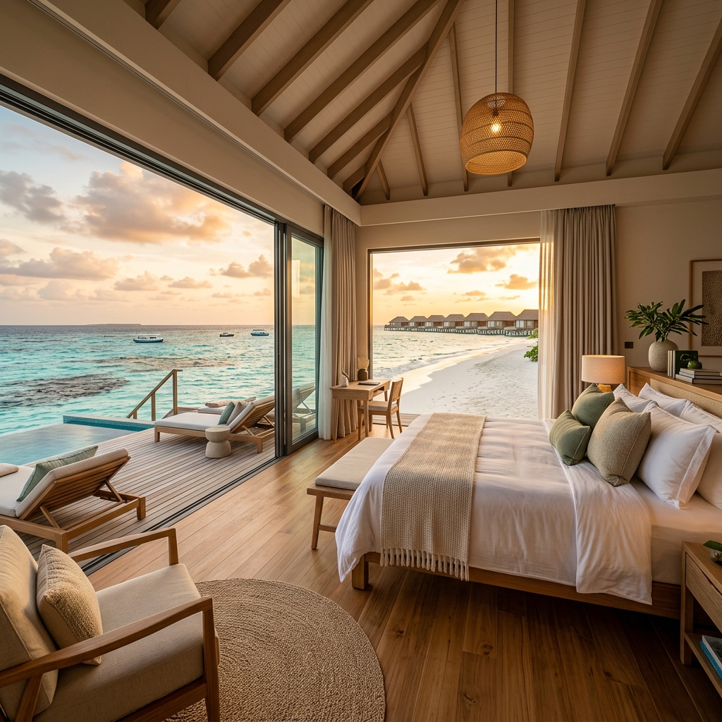 Maldives-style ultra-luxury beachfront villa bedroom interior with panoramic ocean views