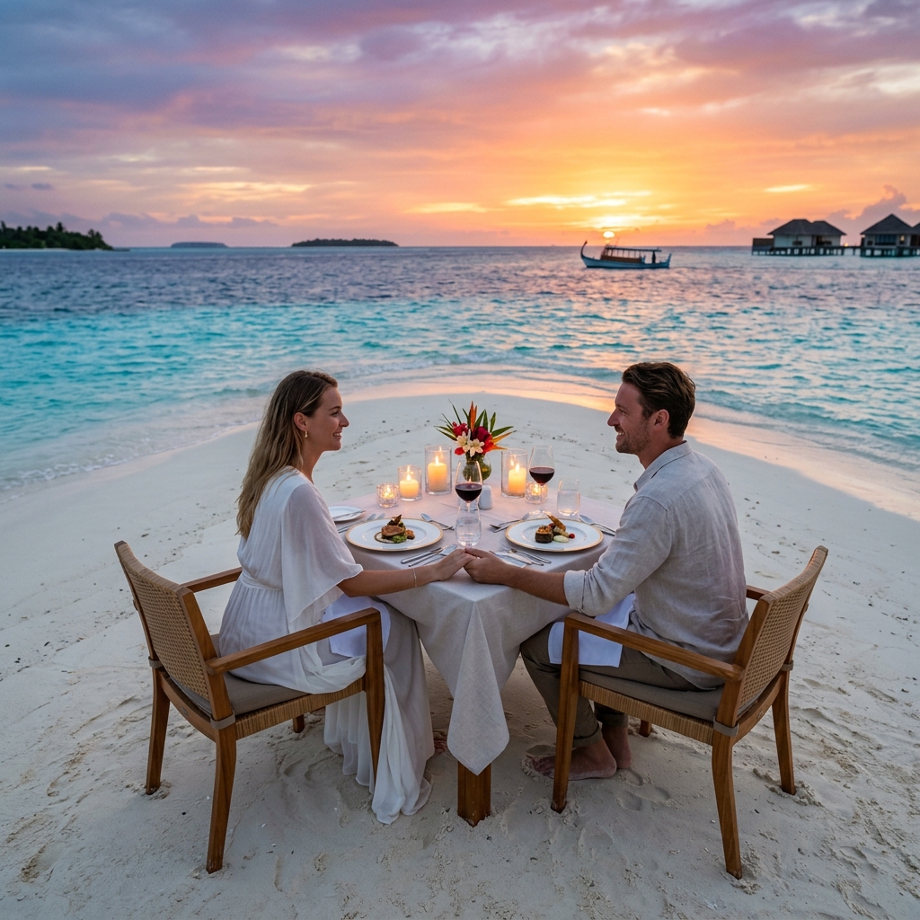 Maldives-style romantic sandbar fine dining experience at sunset with candlelight