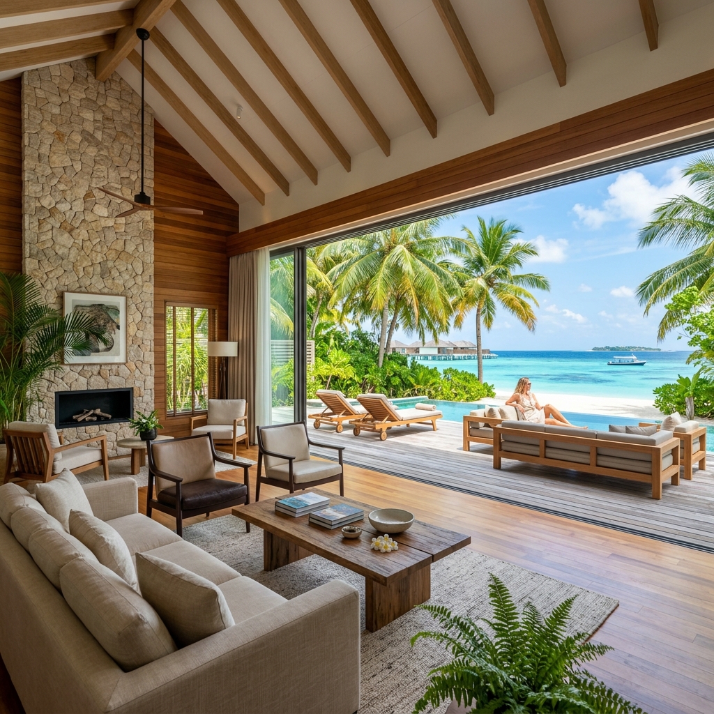 Maldives-style luxury beachfront villa spacious living room interior looking out to sea