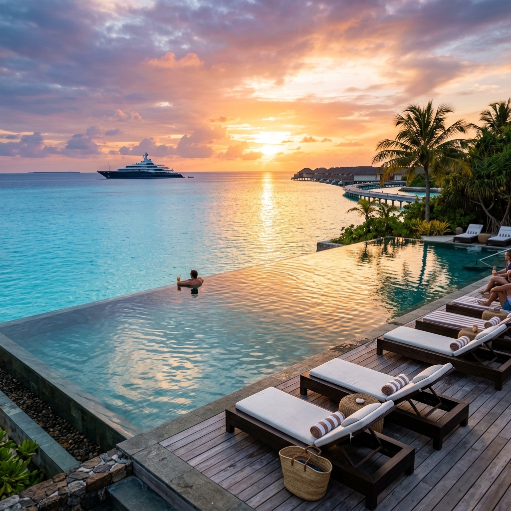 Maldives-style private island infinity edge pool overlooking turquoise lagoon with superyacht anchored off-shore