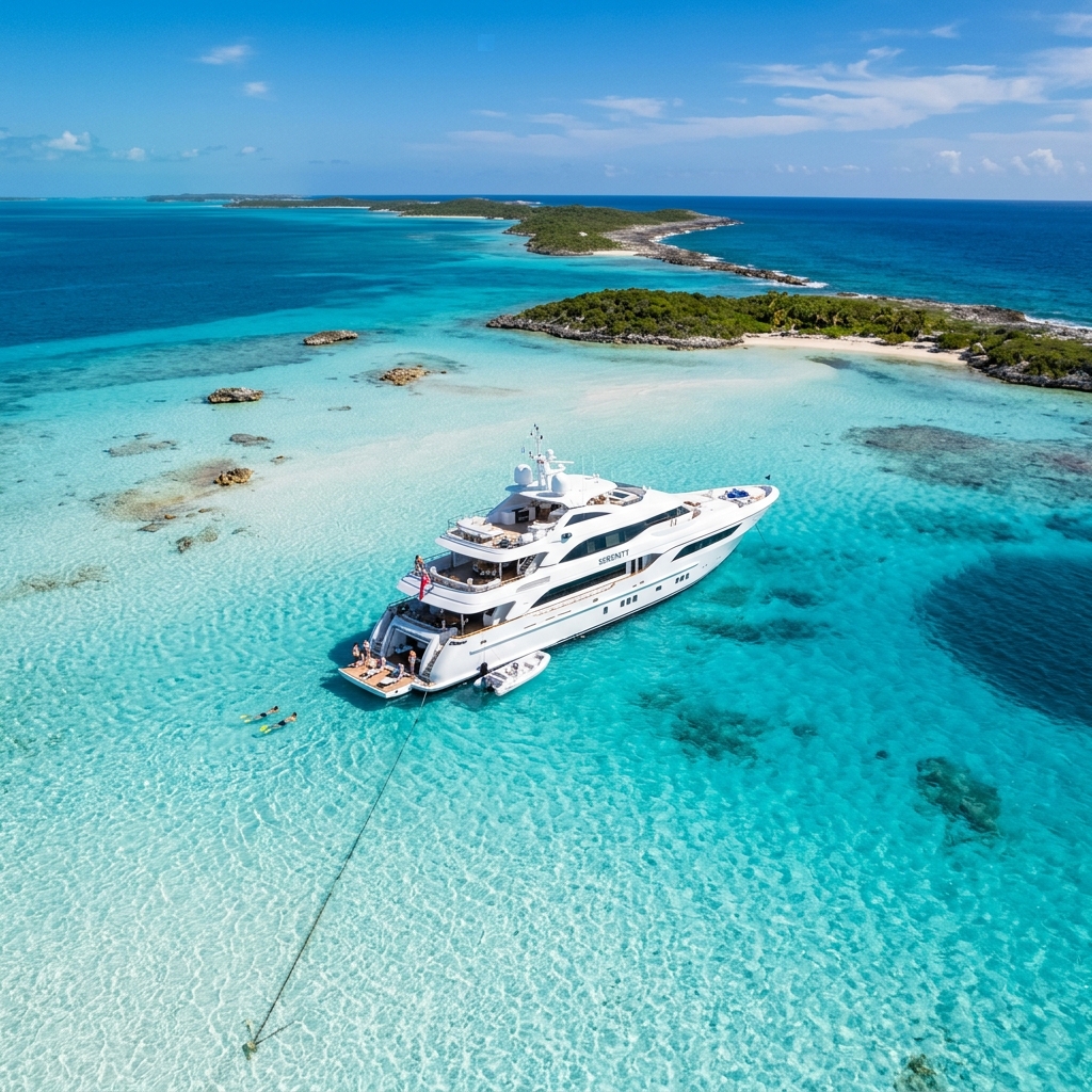 A luxury yacht anchored over a shallow turquoise crystal-clear sandbar in the Exumas, Bahamas