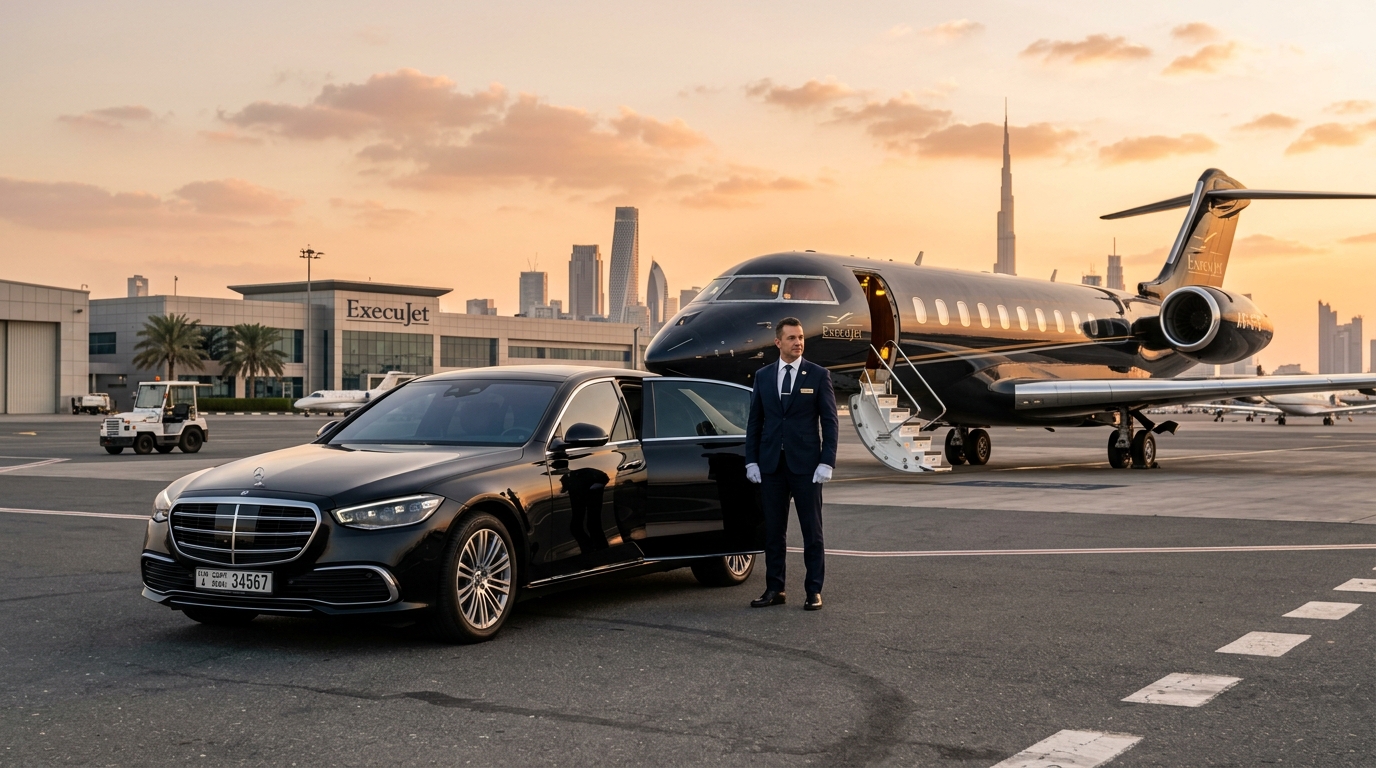 Emirates Chauffeur Service professional driver standing next to Mercedes S-Class sedan on Dubai private jet tarmac during sunset
