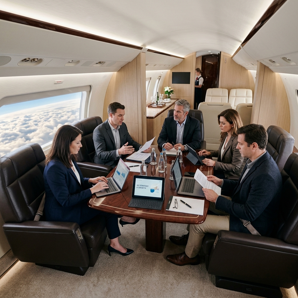 A high-fidelity boardroom meeting around a mahogany wood table inside a premium private jet cabin interior