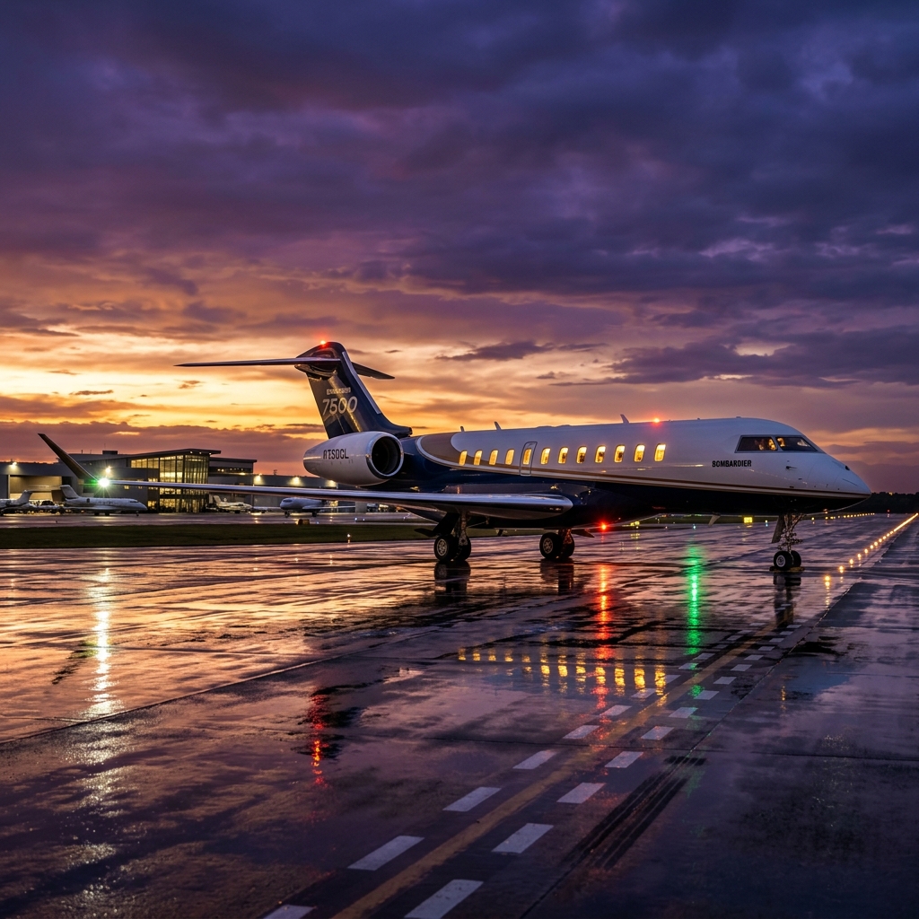 A sleek modern Bombardier Global 7500 business jet standing on a wet FBO runway at purple-gold twilight