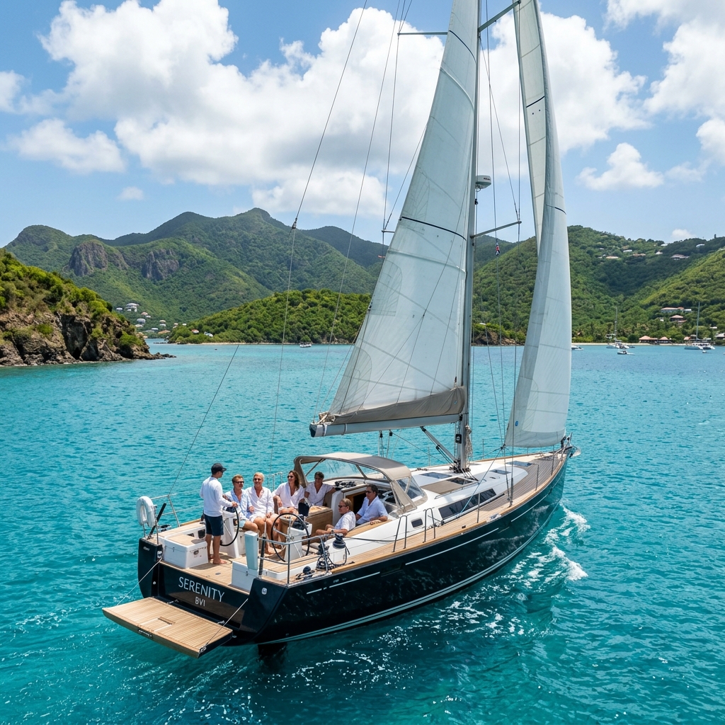 A premium sailing yacht gliding through the British Virgin Islands with dramatic green hills in the background