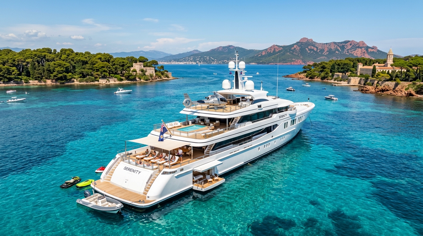 Luxury superyacht anchored in crystal turquoise waters between the Lérins Islands near Cannes with the Estérel mountains