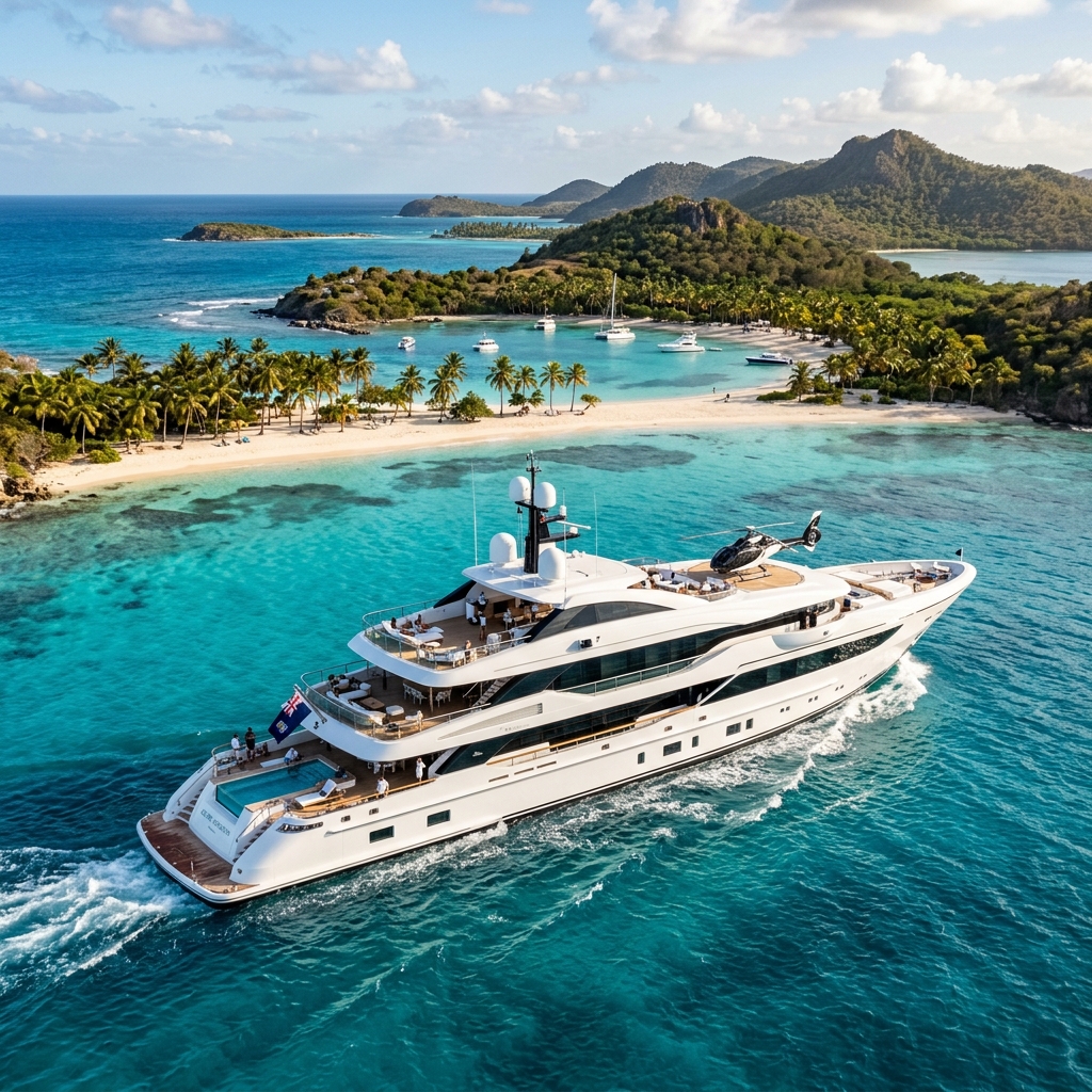 A luxury superyacht cruising through crystal-clear turquoise Caribbean waters near white-sand islands