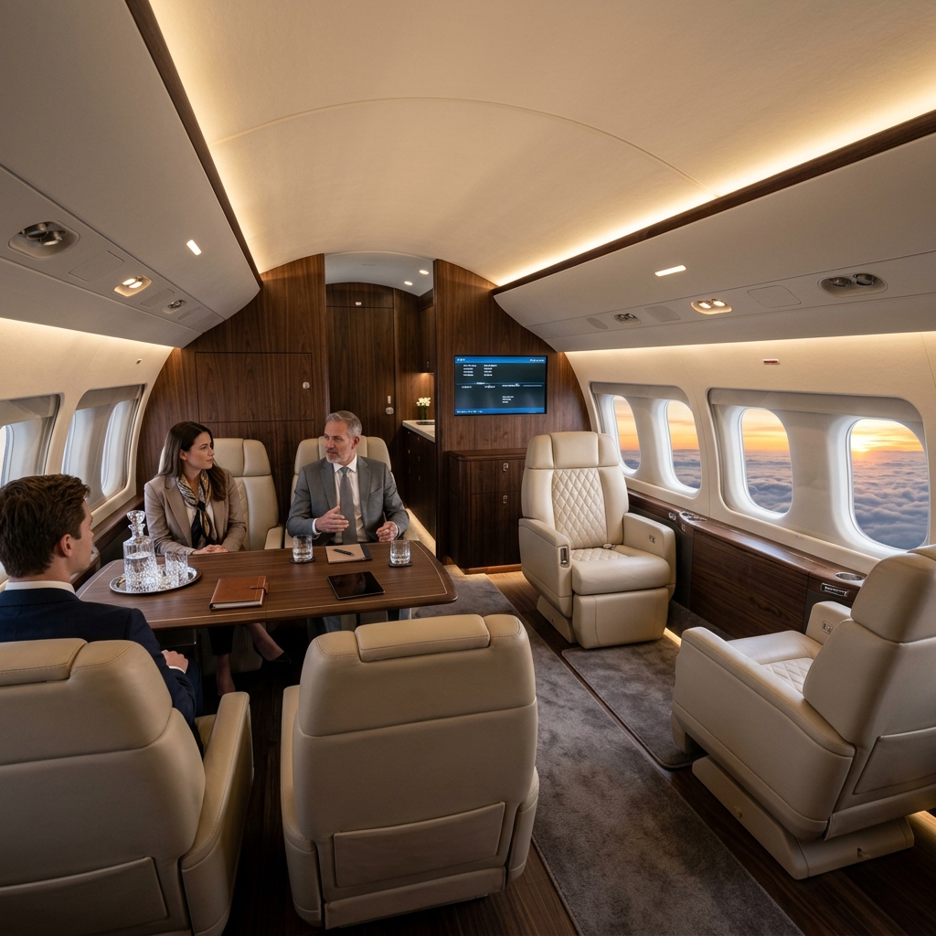 High-end luxury corporate private jet cabin interior board meeting sky boardroom