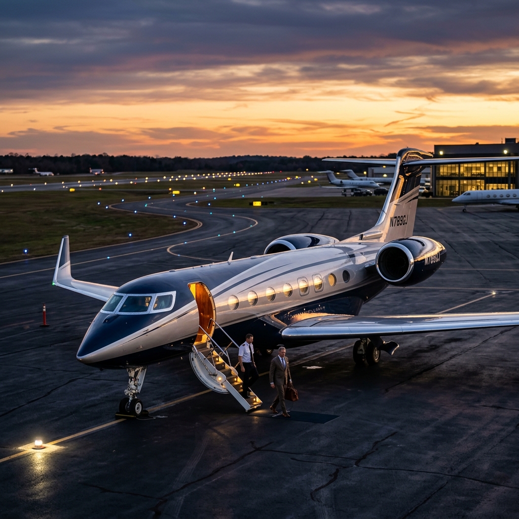A luxury corporate private jet Gulfstream G650 parked on an executive airport tarmac at dusk