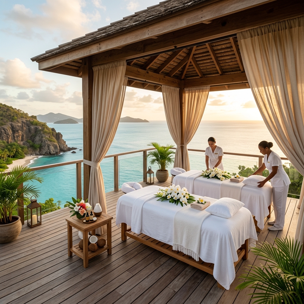 An open-air luxury couples massage pavilion looking out onto the ocean