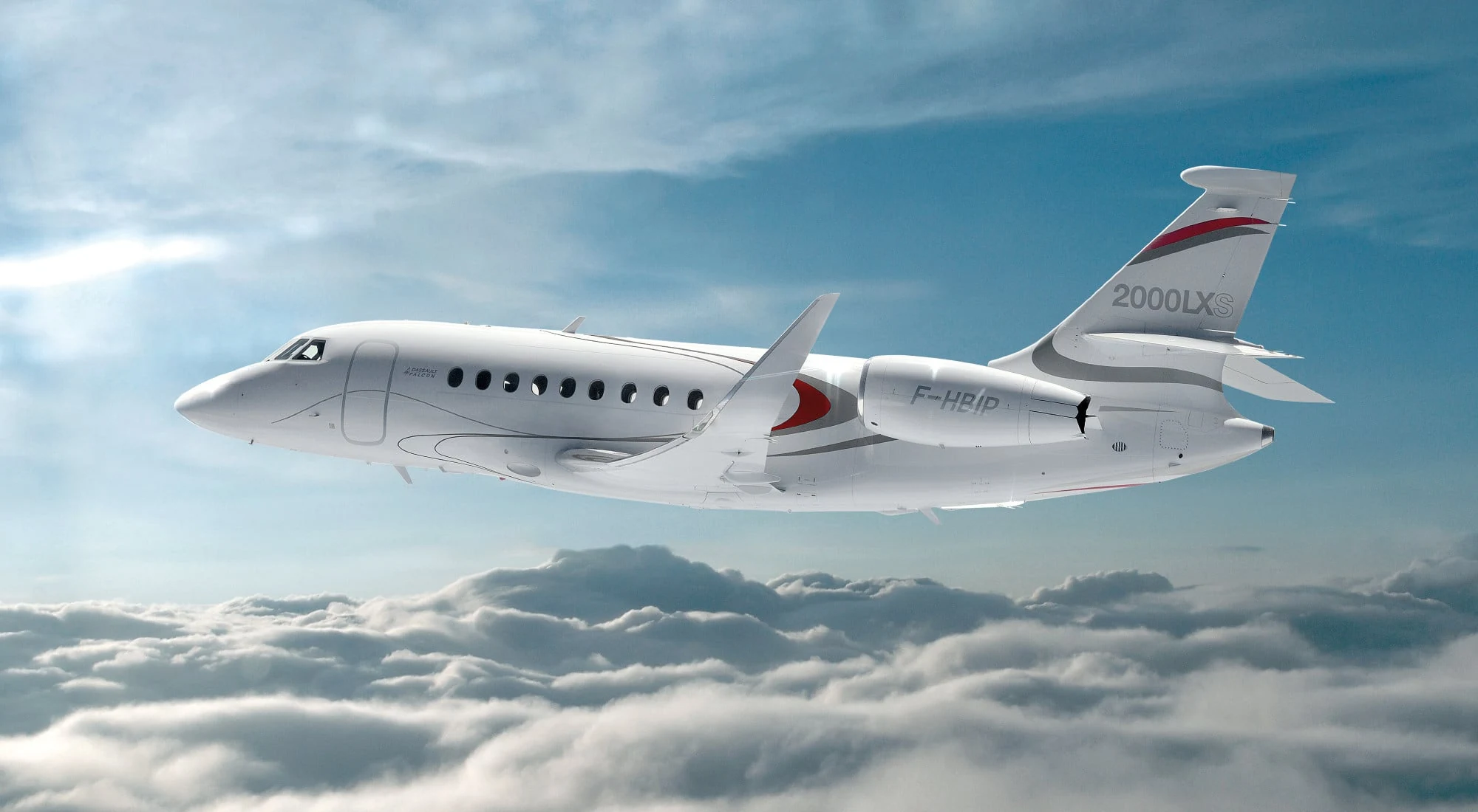 Dassault Falcon 2000LXS Heavy Jet in Flight Above Clouds