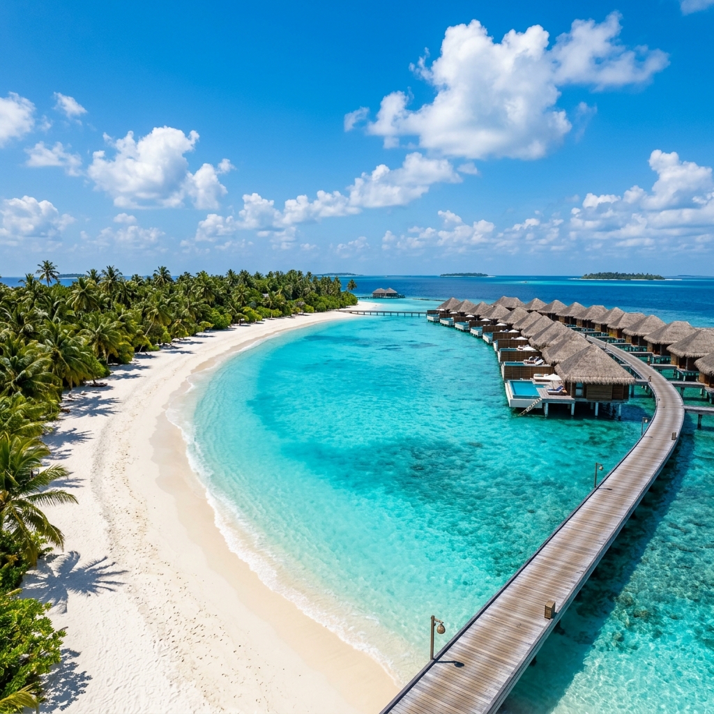 Pristine private white sand crescent beach on a luxury island resort with tropical cabanas and turquoise sea