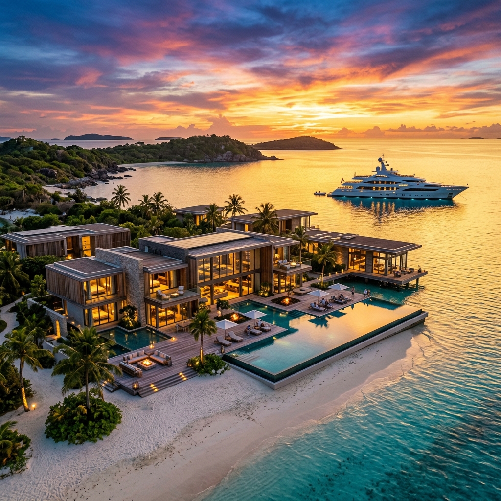 Ultra-luxury private island compound with infinity pool and superyacht at sunset