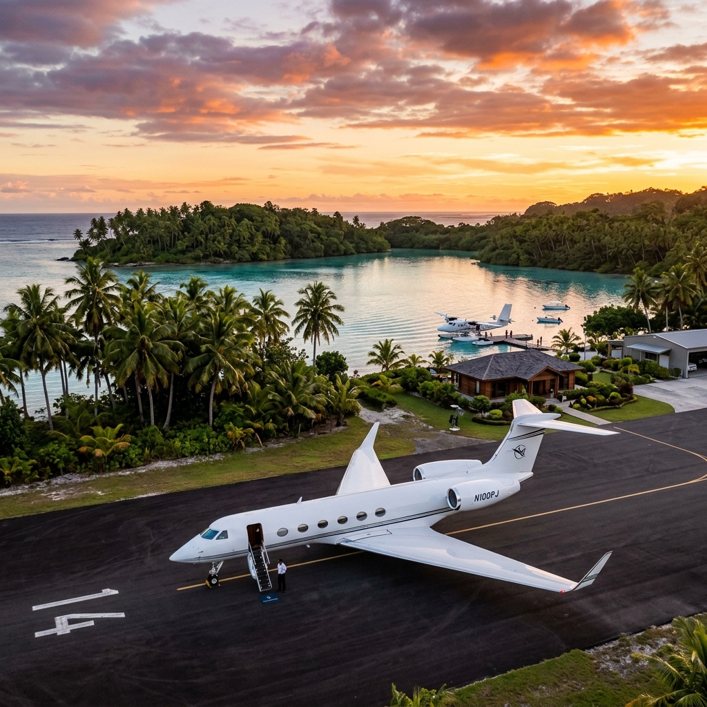 Luxury private jet parked at a tropical private runway ready to transfer guests to a seaplane