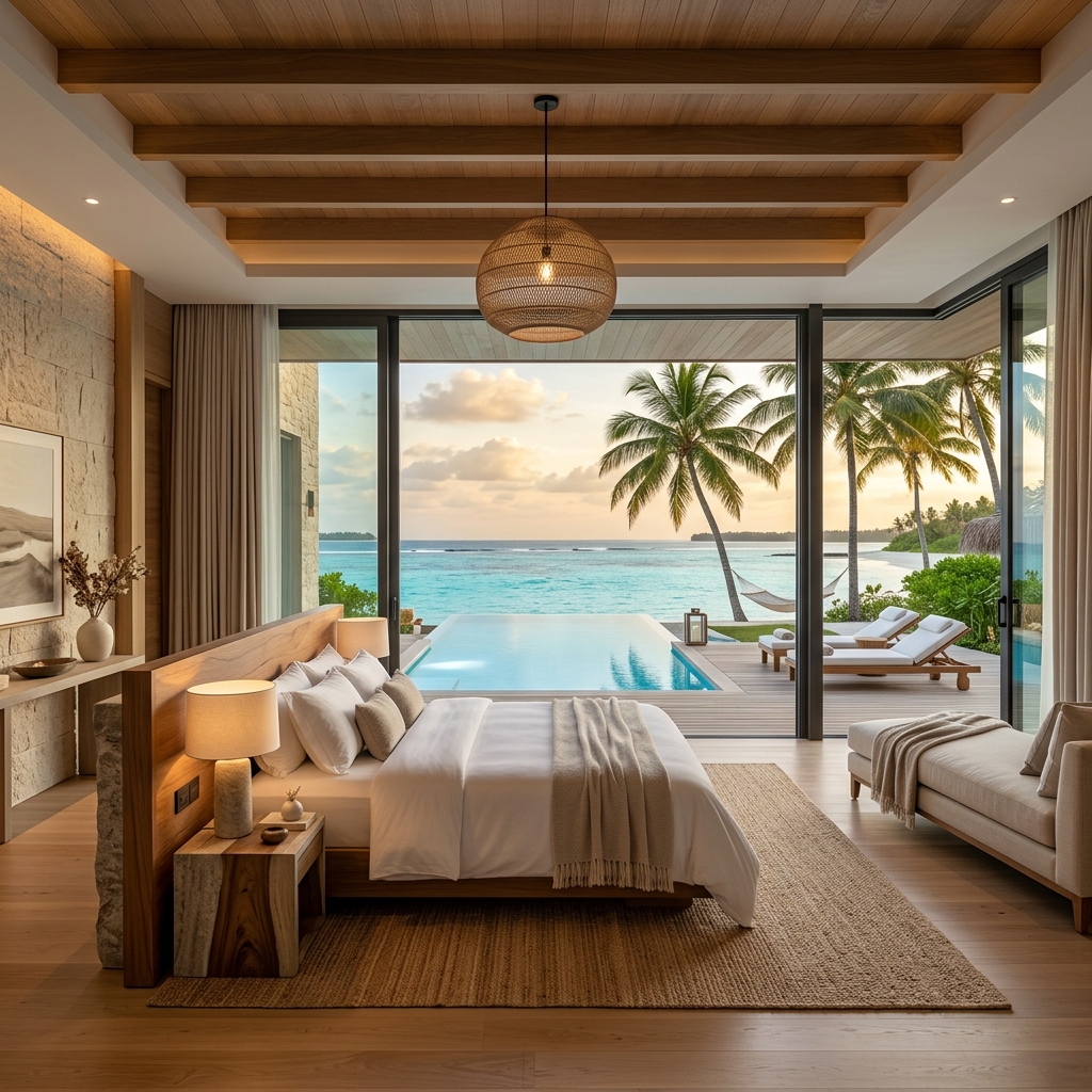 Stunning view from a private island luxury beachfront villa looking out to a modern infinity pool and beach at twilight