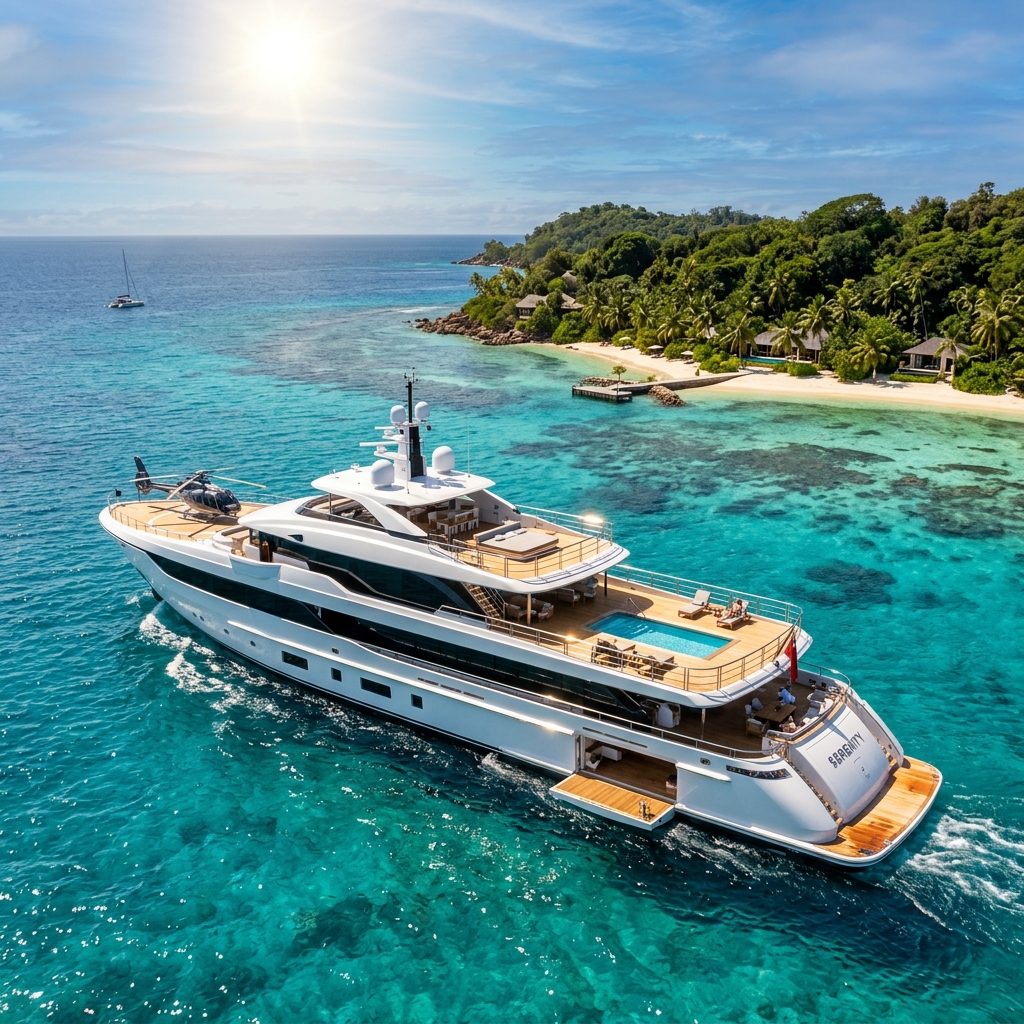 Sleek luxury superyacht cruising near a tropical private island during a sunny day