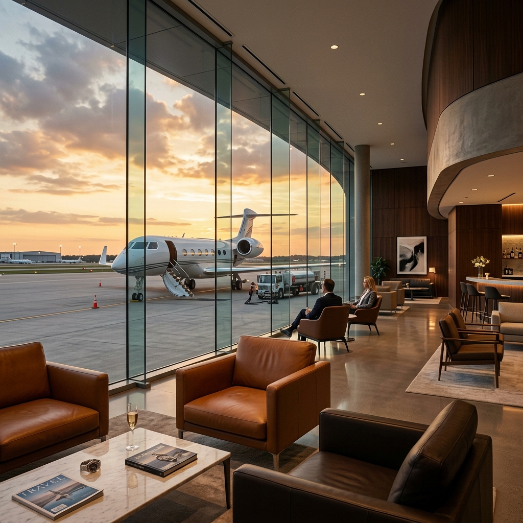 Elite executive airport FBO terminal VIP lounge looking through glass at a private jet parked on the tarmac