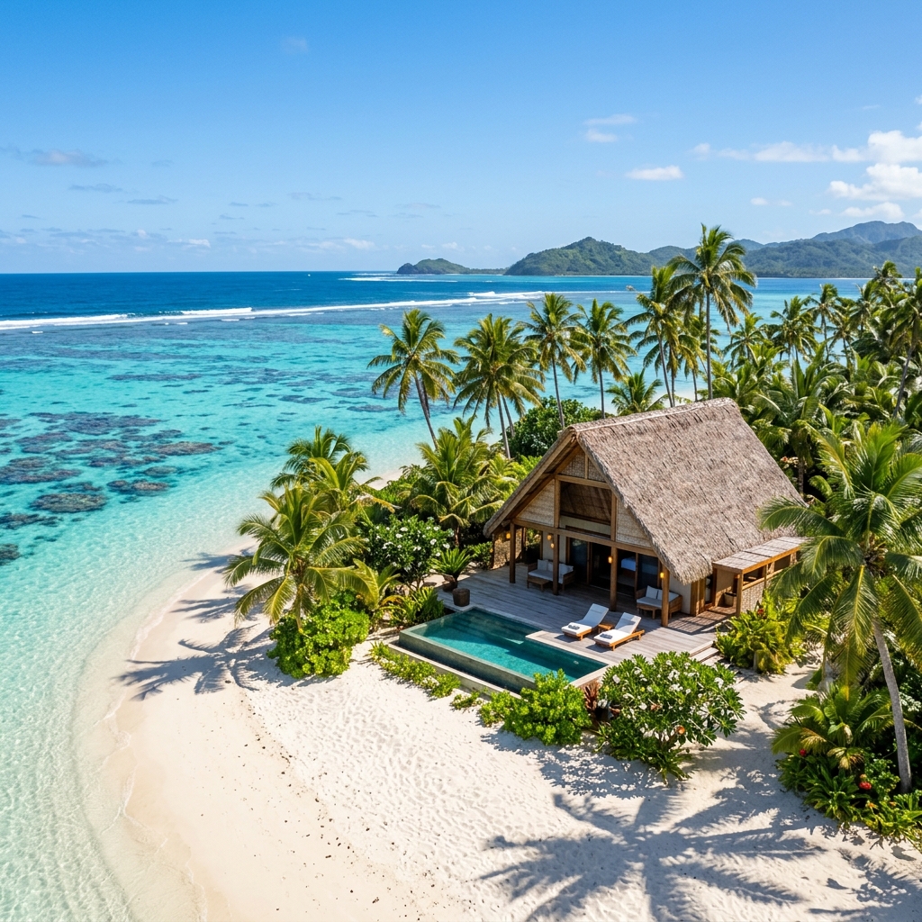 A traditional Fijian luxury bure villa on a private white-sand beach under palm trees and blue skies