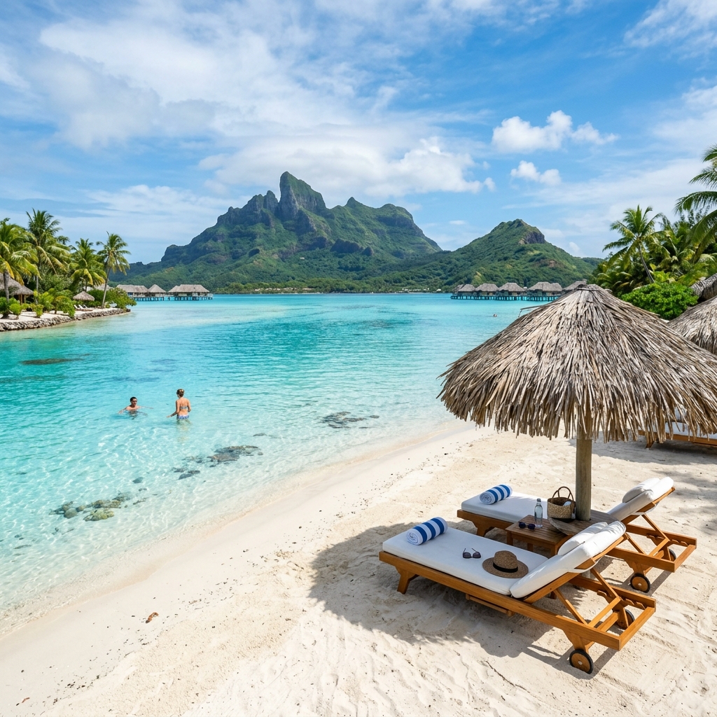 Bora Bora private island motu with shallow crystal-clear turquoise lagoon and green volcanic mountains