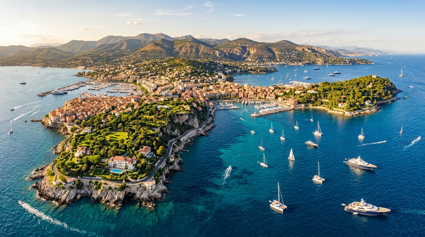 Aerial panorama of the French Riviera coastline with luxury superyachts cruising on azure Mediterranean waters