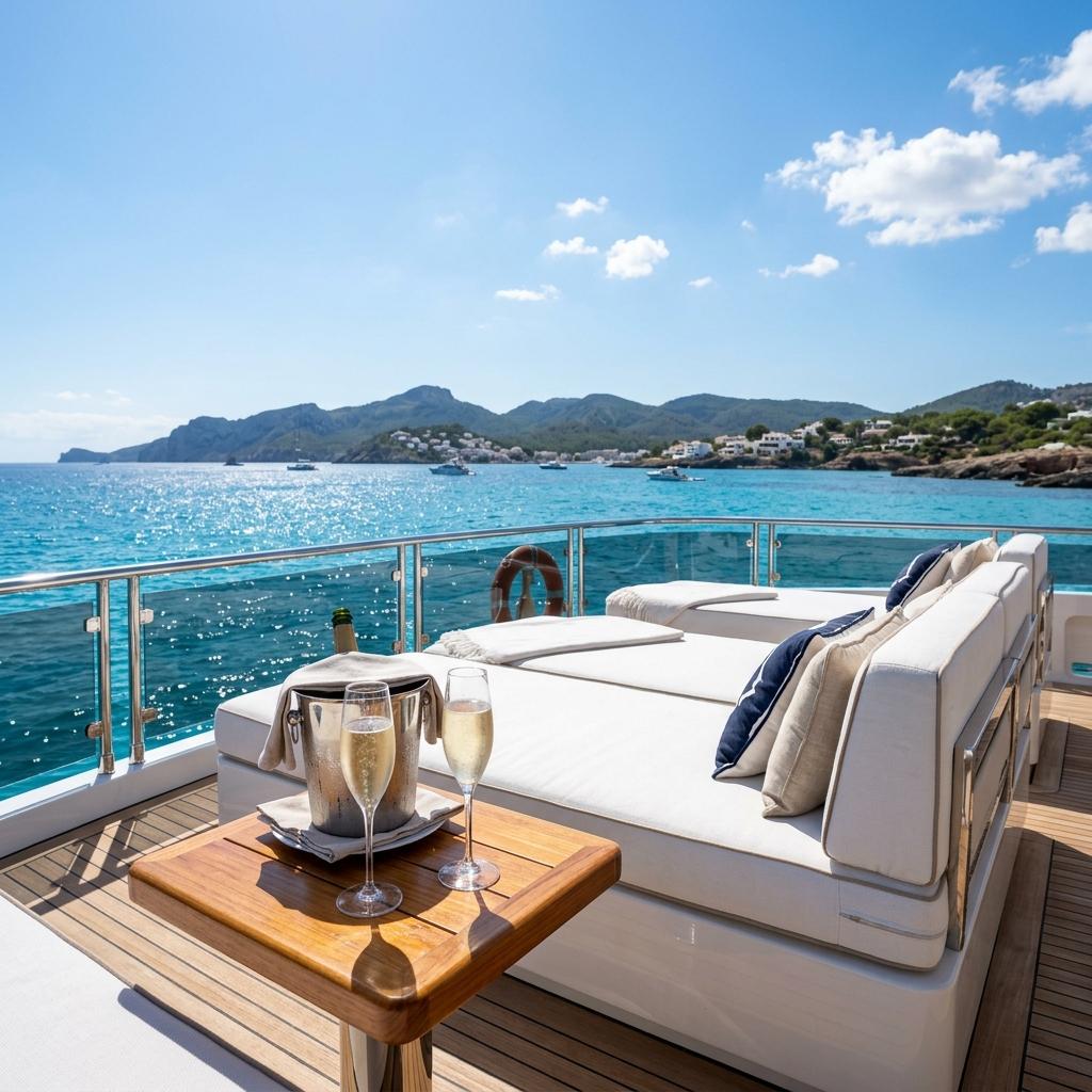 Sun deck view on private Mallorca to Ibiza boat — guests enjoying Mediterranean crossing