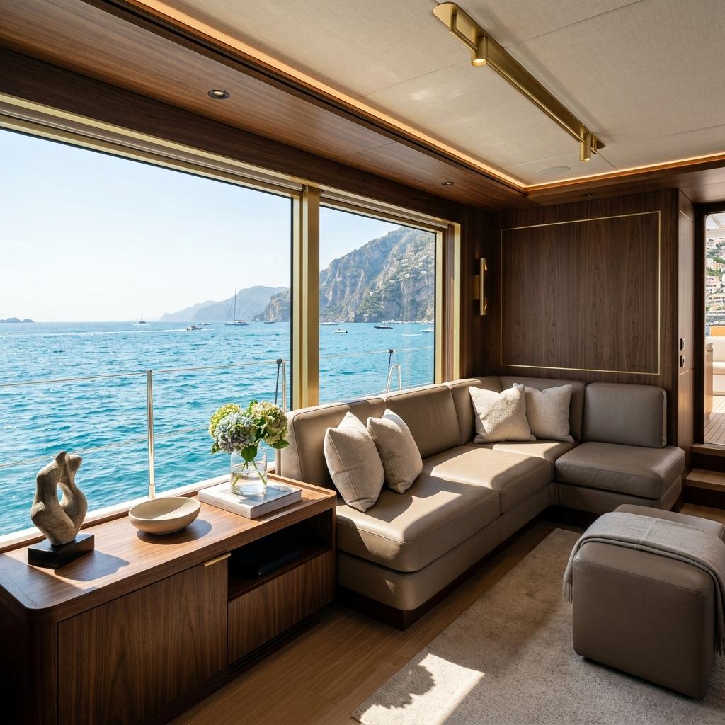 Luxury interior of private boat Mallorca to Ibiza charter — salon and cabins