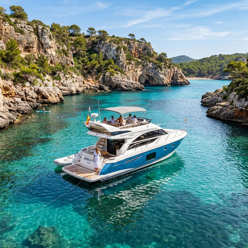 Luxury motor yacht private boat charter Mallorca to Ibiza flybridge deck