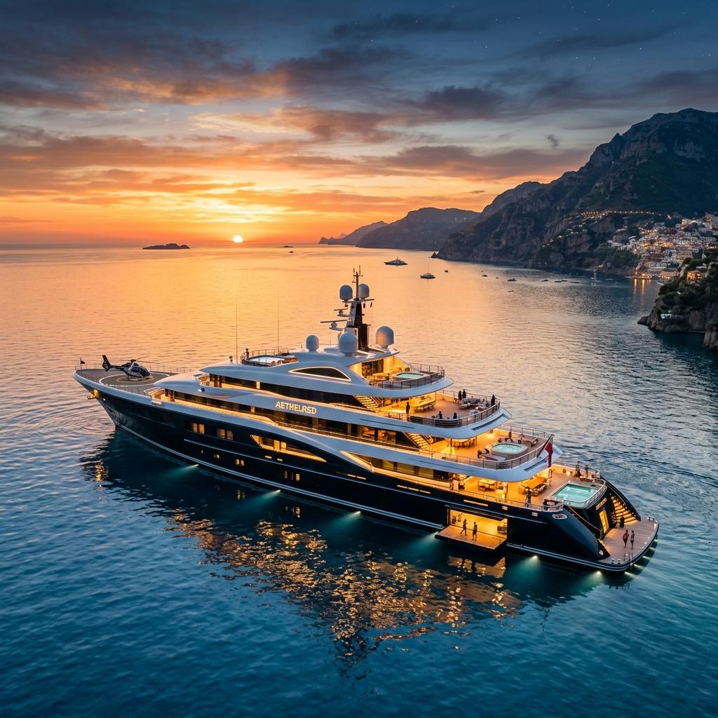 Luxury superyacht private boat charter from Mallorca to Ibiza anchored in crystal Balearic waters