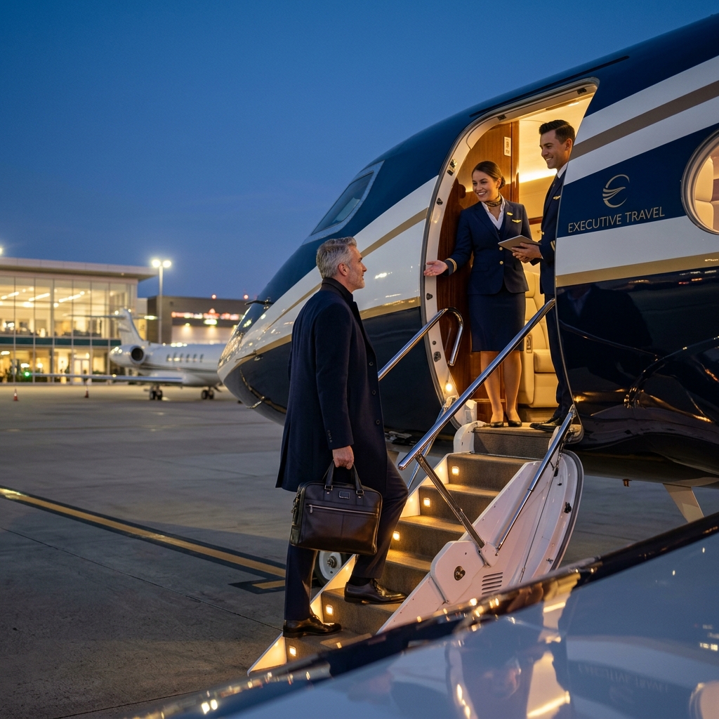 A sophisticated VIP traveler boarding an ultra-luxury private flagship jet under warm ambient FBO tarmac lights at dusk, showing our elite worldwide aviation services