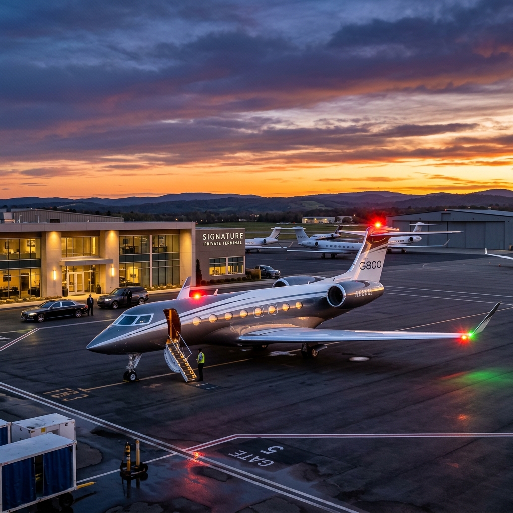 An ultra-long-range flagship private jet Gulfstream G800 sitting majestically on a pristine tarmac FBO terminal runway during a golden hour sunset