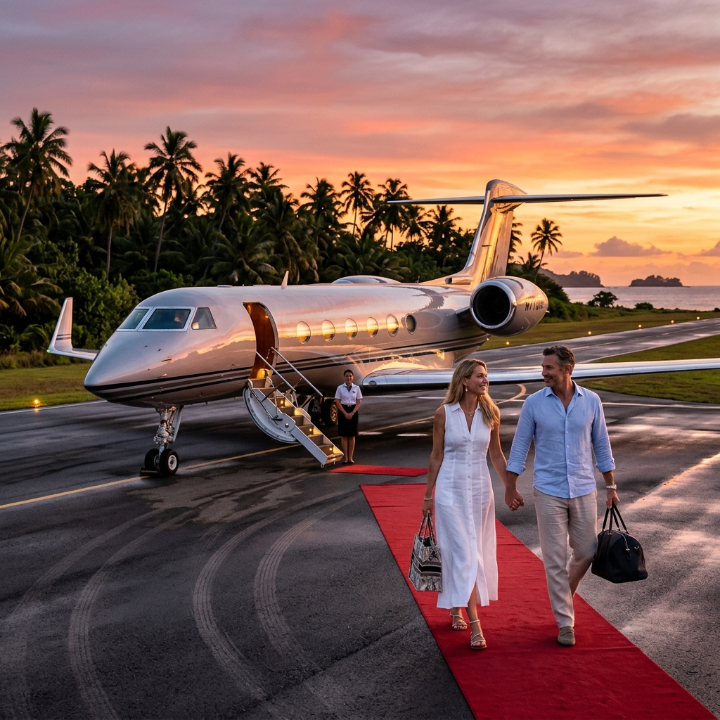 An ultra-luxury private jet parked on a tropical island runway at sunset with a luxury couple walking towards it