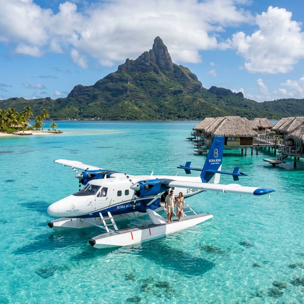 A luxury seaplane floating on a turquoise lagoon in Bora Bora