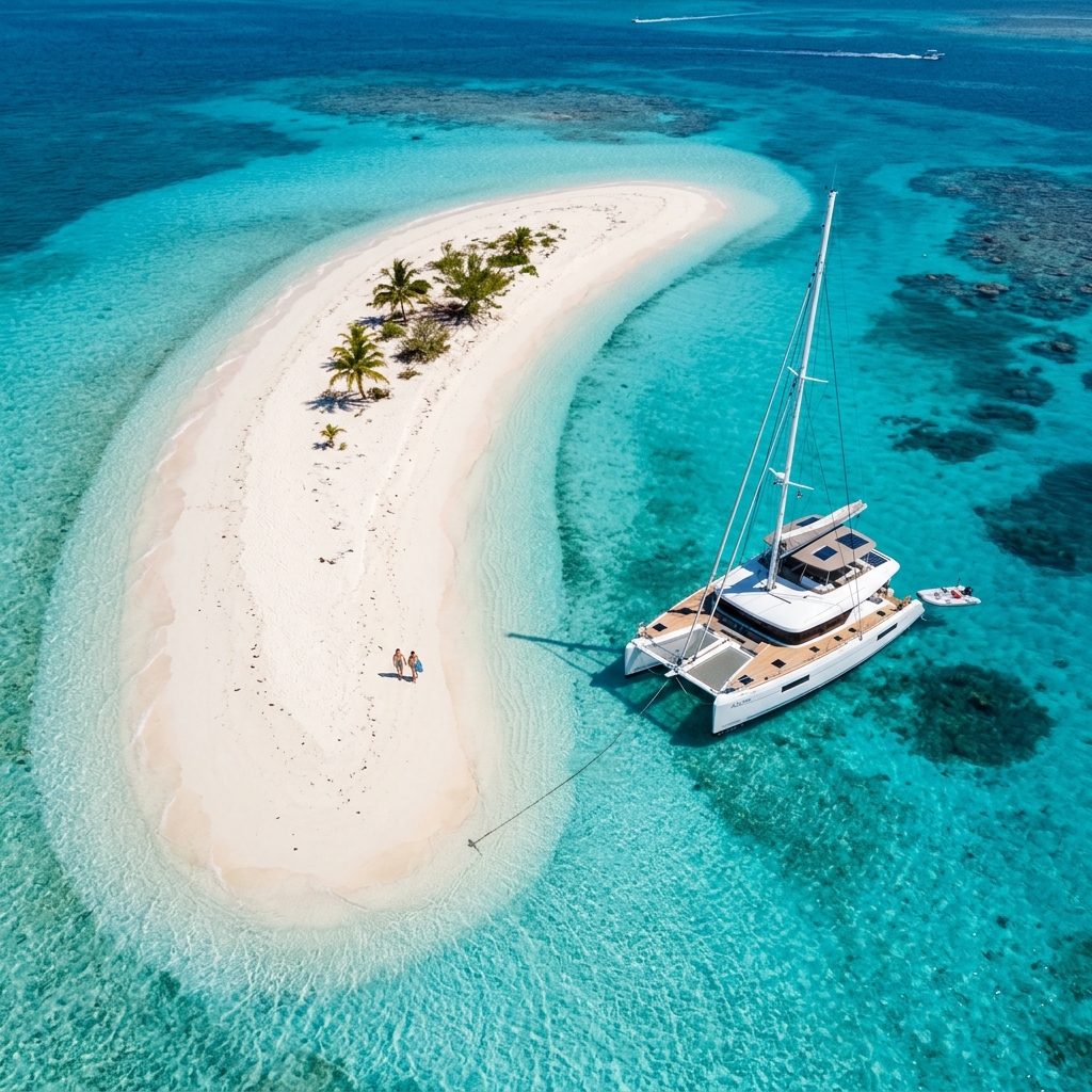 Drone image showing a catamaran anchored near a pristine white sandbar