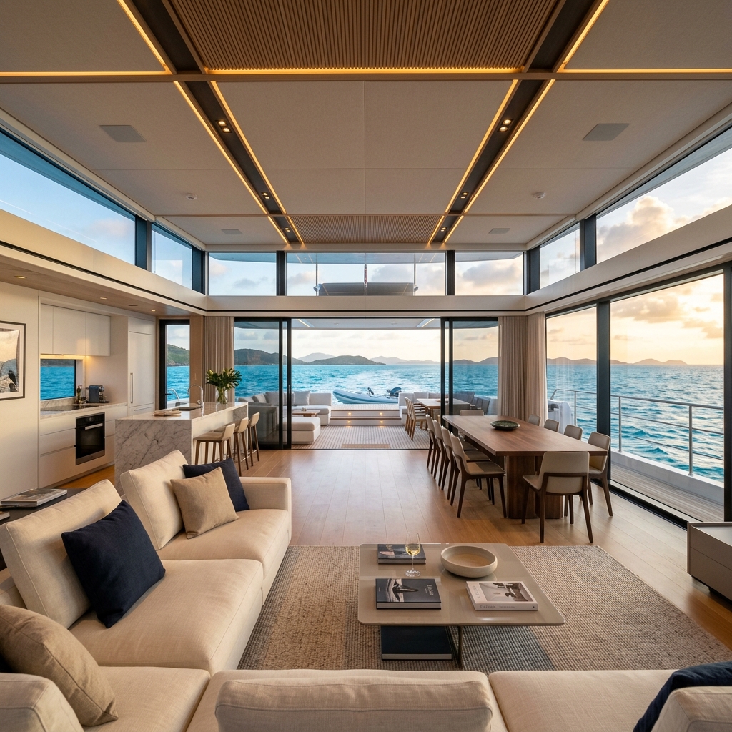 Wide open-plan interior salon of a luxury catamaran looking out over the Caribbean sea
