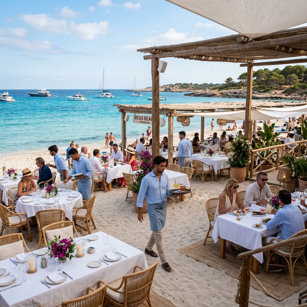 Luxury beach club restaurant setting on the white sand of Formentera