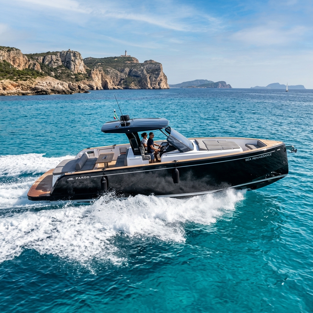 A sleek Pardo 50 luxury day cruiser on the way to Formentera