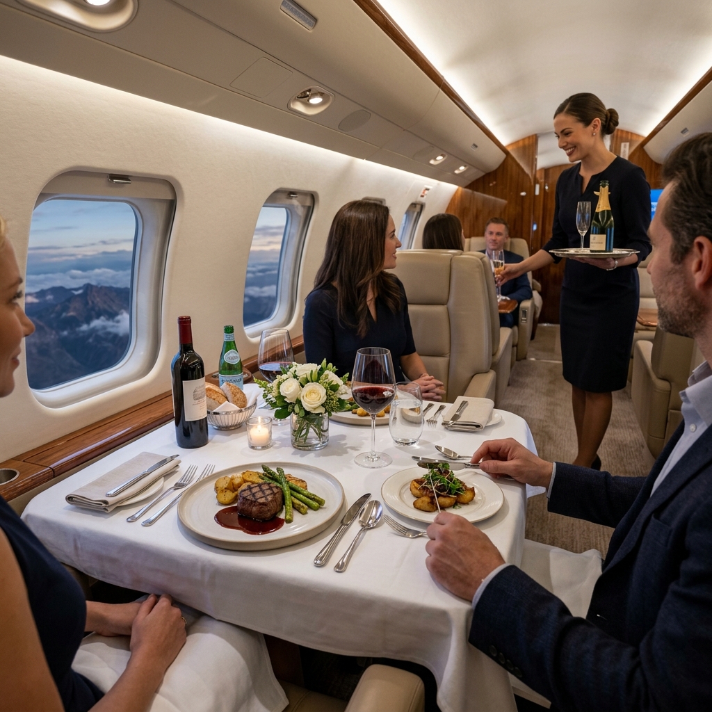 Interior of a heavy private jet showing a full dining table and luxurious leather seats