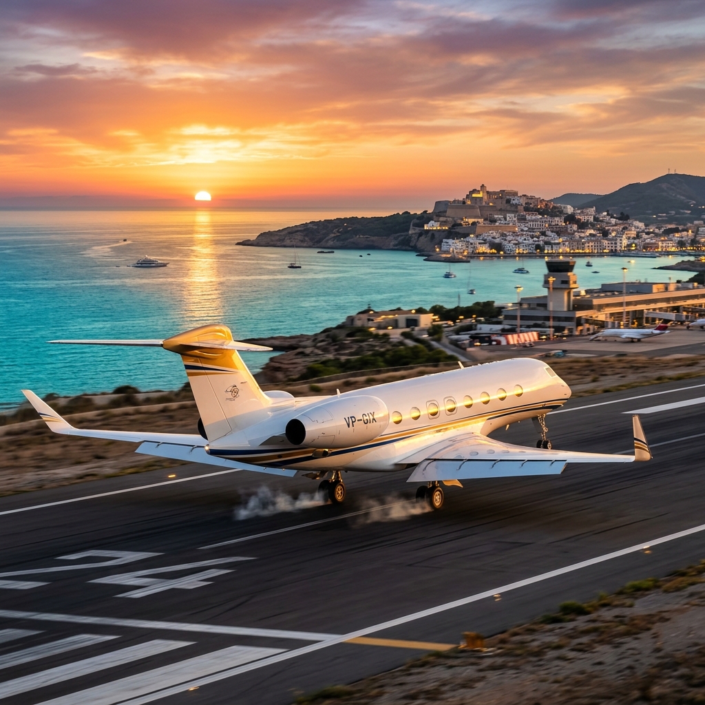 Private Jet Landing in Ibiza at Sunset