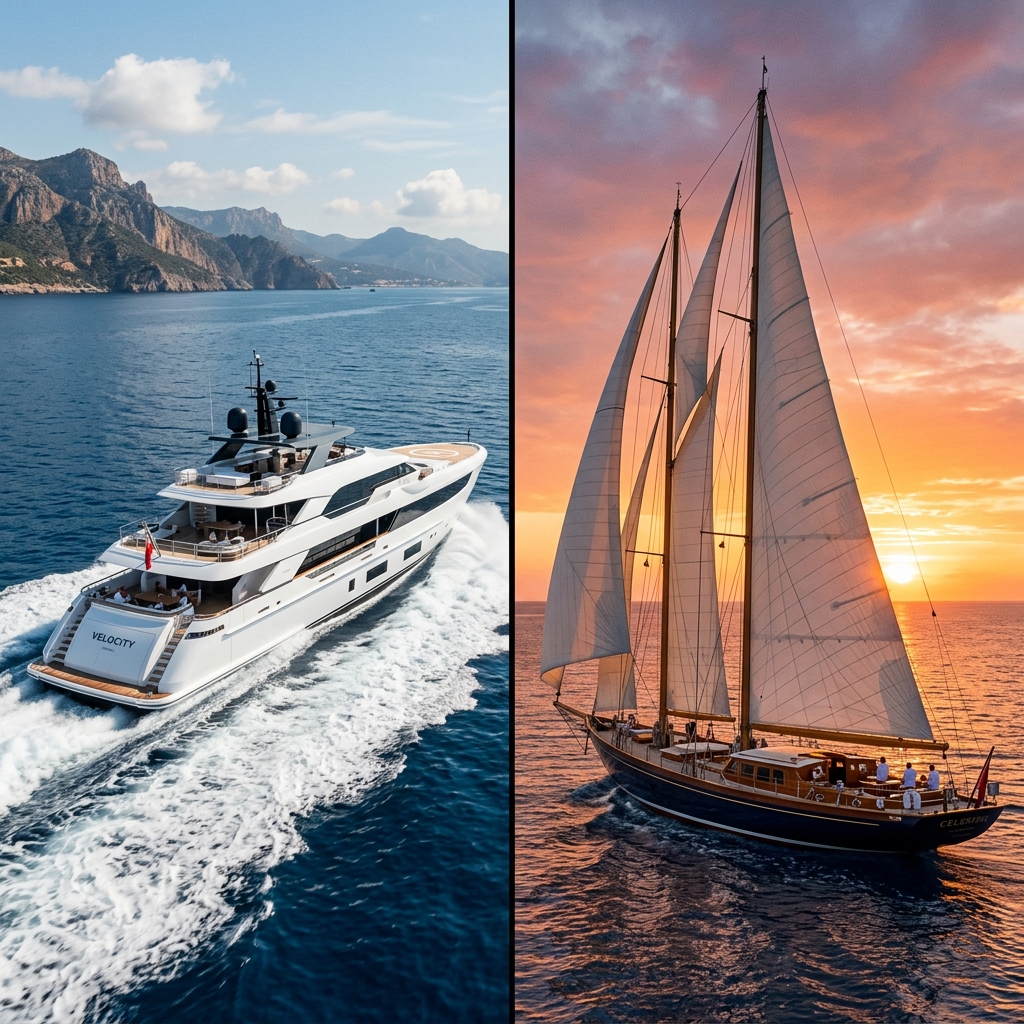 Technical comparison of interior space between a motor yacht and sailing yacht