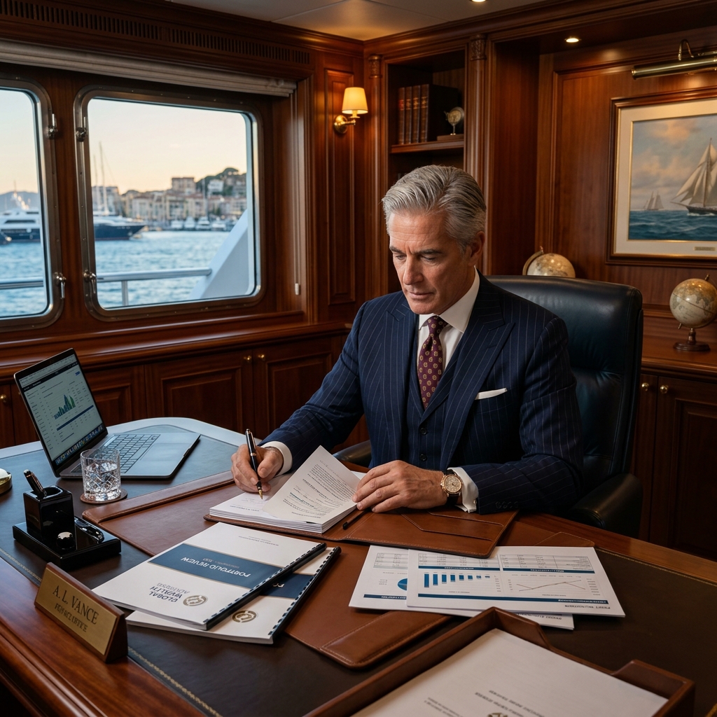UHNW individual reviewing financial documents in superyacht office