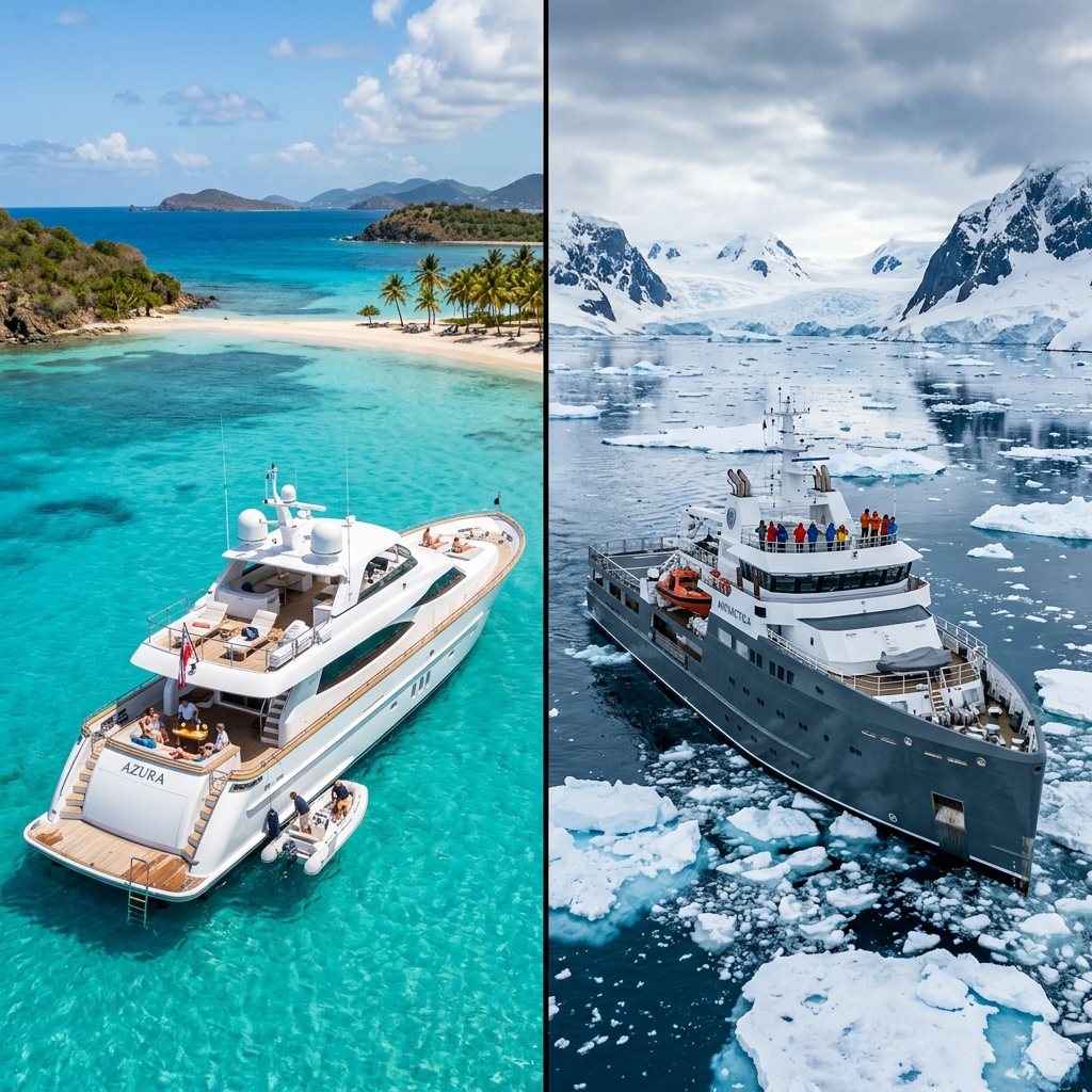 Split image showing yacht in Caribbean and Antarctica