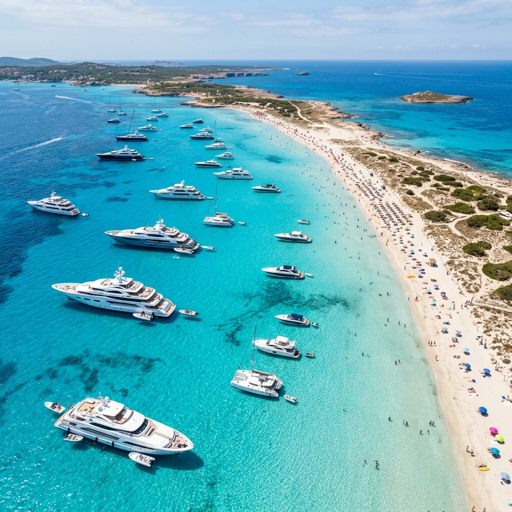 Aerial view of luxury superyachts anchored in the electric blue waters of Playa de Ses Illetes