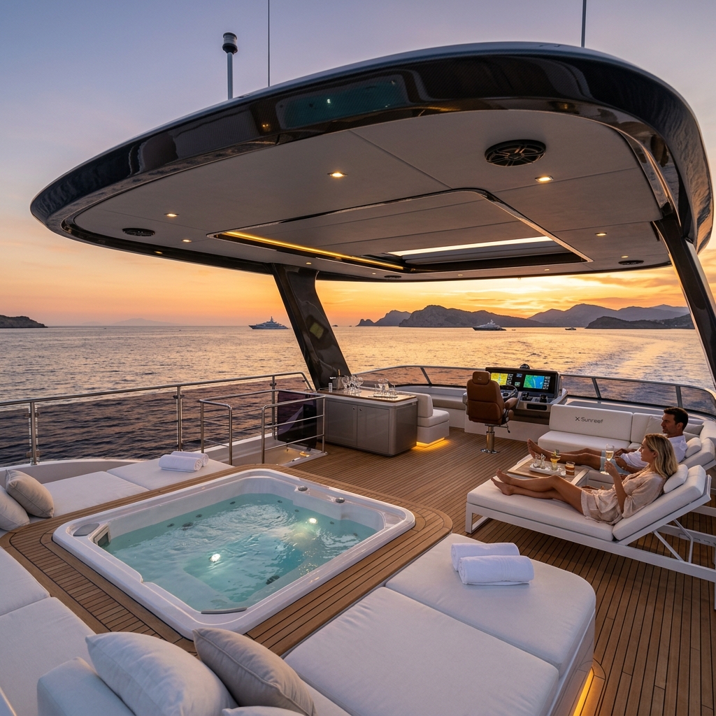Expansive upper flybridge deck of a luxury Sunreef catamaran with jacuzzi