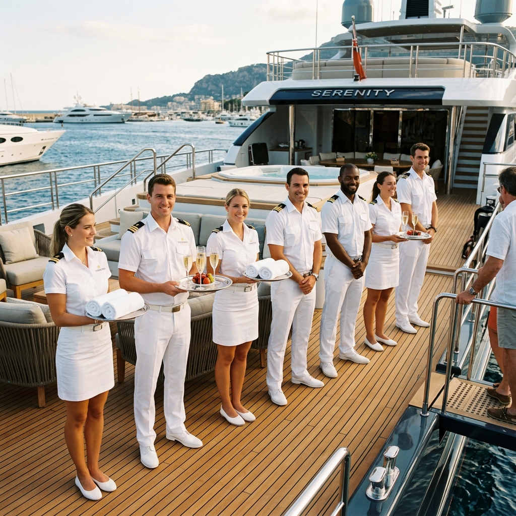 Pristine superyacht crew lined up on teak deck welcoming guests