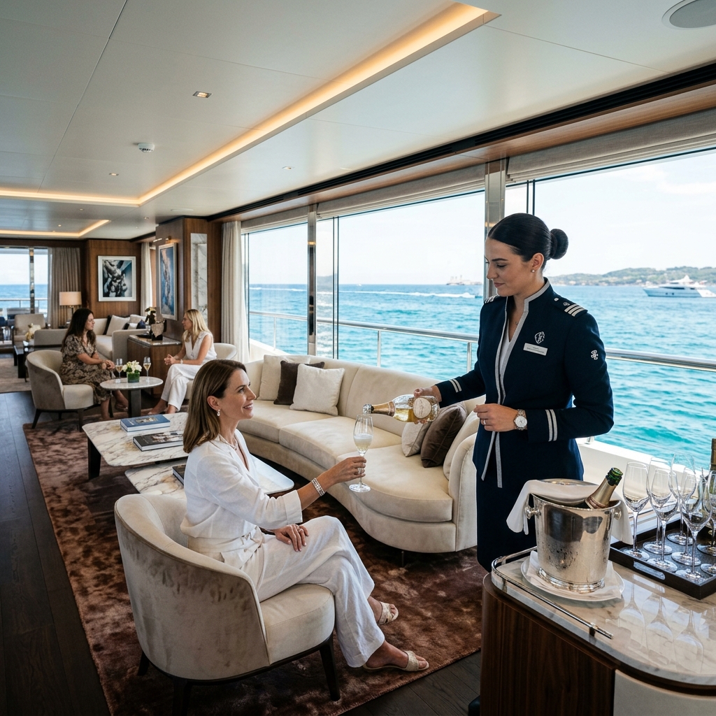 Luxurious modern 50m motor yacht main salon with floor-to-ceiling windows