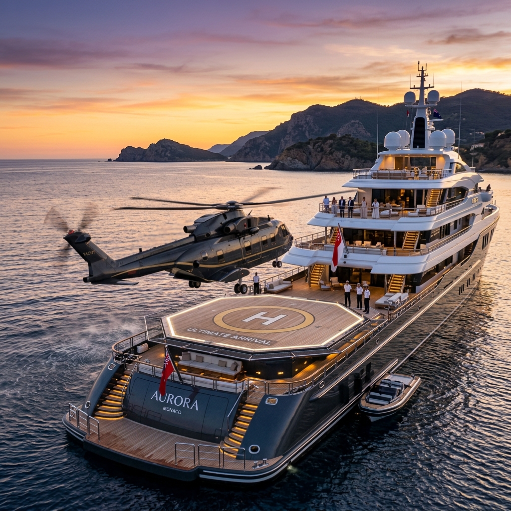 Luxury helicopter landing on superyacht helipad