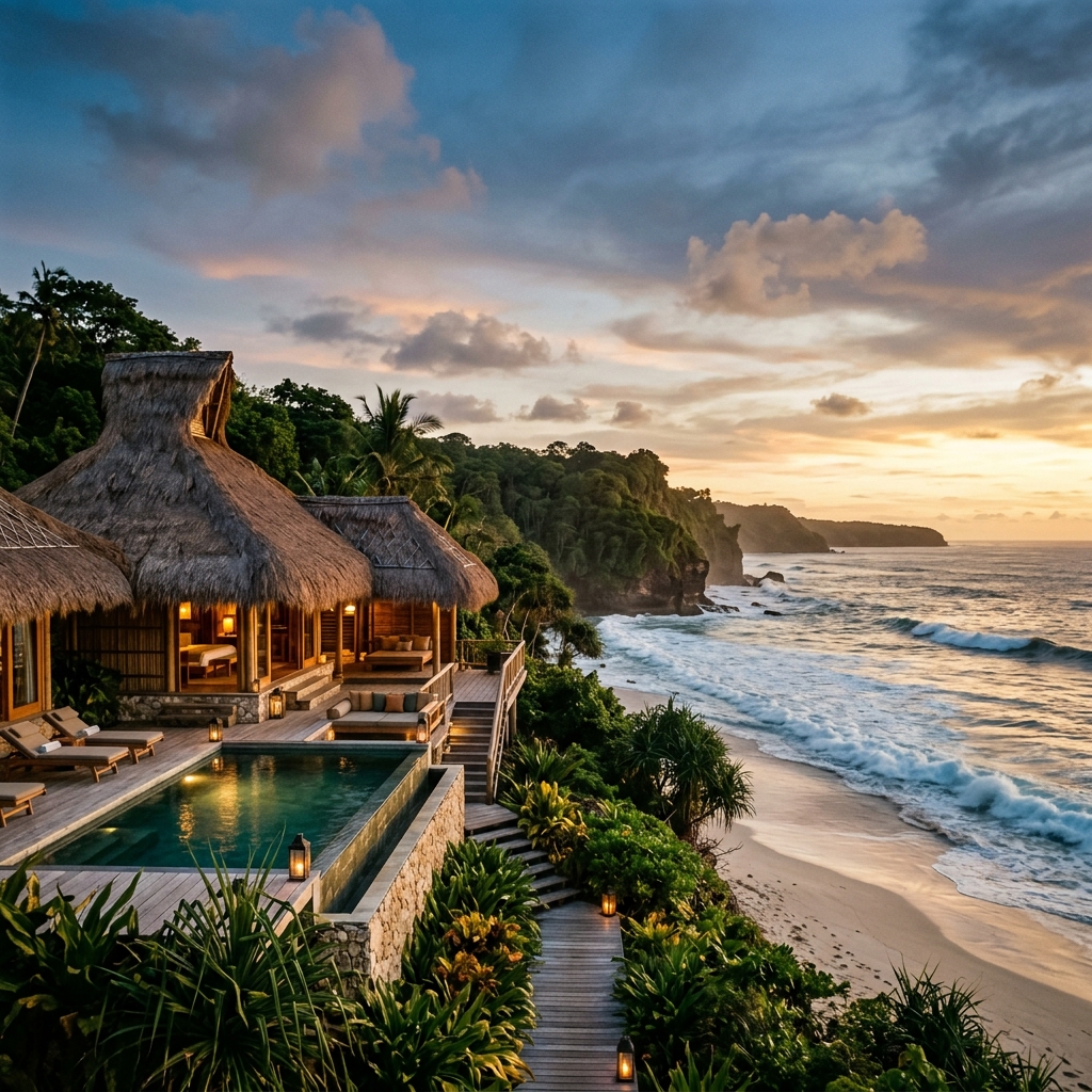 Luxury eco-masterpiece resort with a thatched-roof beachfront pool villa in Sumba Indonesia at sunset